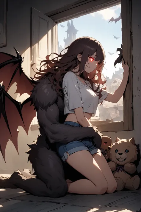 A kneeling figure with long, wavy auburn hair, wearing white crop top and blue denim shorts, is embraced by a large, menacing werewolf creature with glowing eyes. The creature has dark fur, sharp claws, and bat-like wings, adding a fantasy or horror elemen...