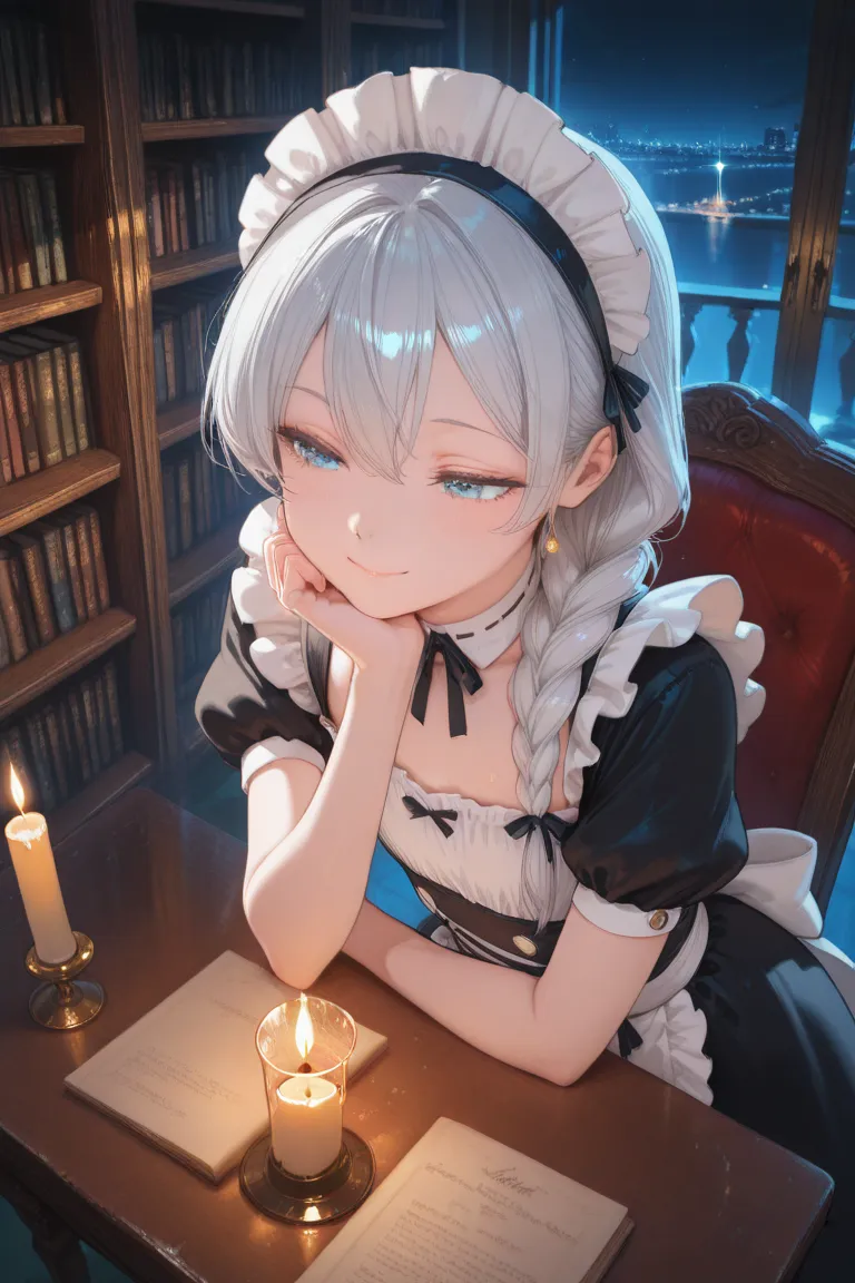 best quality,super detailed, Night and candlelight, girl, smile, maid costume, flat chest, silver hair ,long braid, blue eyes, library , rest one's chin on one's desk, from above, A glittering glass bird flies