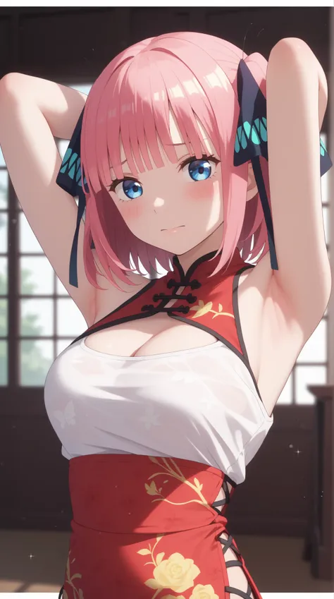 nsfw, vivid coloring, nino nakano, short hair, bangs, blue eyes, hair ornament, hair ribbon, pink hair, blunt bangs, two side up, butterfly hair ornament, best picture quality, 8K, high quality, masterpiece:1.2), ((masterpiece)), (high detail, high quality...