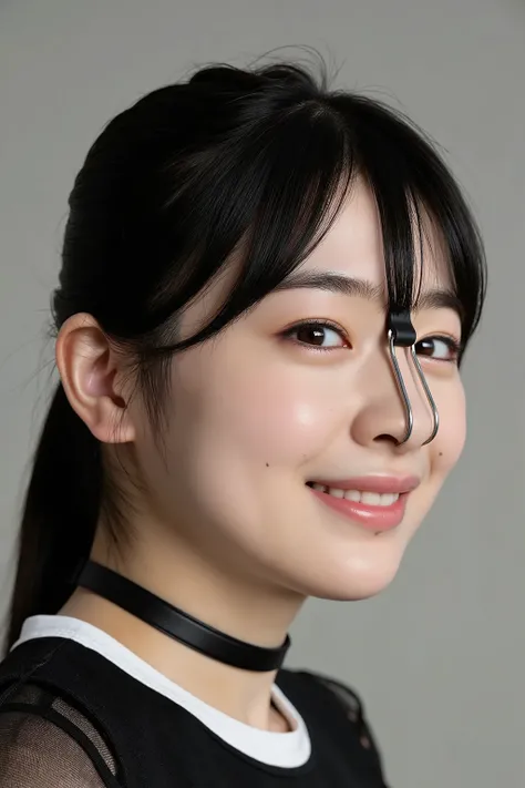 A high resolution photograph of a Japanese young woman, masterpiece, photo-realistic, natural lighting, film grain, portrait, fashion shoot, solo, 1girl, clothed, black hair, detailed face, detailed eyes, sophisticated nose, pale skin, fine-textured skin, ...