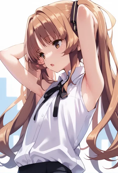 score_9, score_8_up, score_7_up, source_anime,dutch angle, (highly detailed:1.3),1girl,solo,ht_remon,brown eyes,flat chest,long hair,twintails, hair ribbon,(white shirt,dress shirt,sleeveless,mini skirt,black neck ribbon),(shirt tucked in:1.3),(upper body,...
