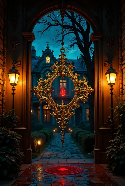 A wooden door, intricately carved with a central diamond-shaped panel adorned with swirling gold filigree. Within the diamond, a single crimson droplet of blood seems to float, pulsating faintly with an inner light. Beyond the door, a cobblestone road, ...