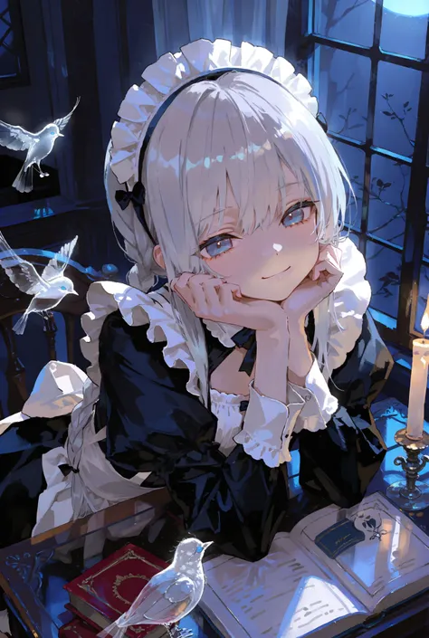 Best quality, detailed, night and candlelight, girl, smiling, French maid outfit and maid cap, flat chest, silver hair, long braids, blue eyes, simple bedroom, moonlight through window, book on table, chin resting on desk, from above, transparent glass bir...