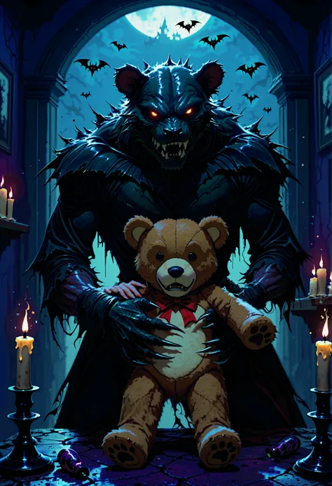 a scary monster, menacing expression, sharp fangs, clawed hands, takes away a 's teddy bear, dark decrepit room, flickering candles, cobwebs, ominous atmosphere, 4k, ultra-detailed, photorealistic, dark fantasy,dramatic lighting,moody colors,gothic,horror,...