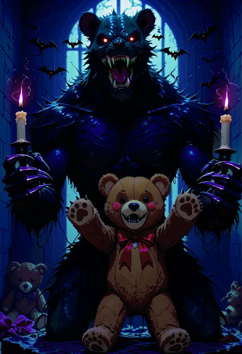 a scary monster, menacing expression, sharp fangs, clawed hands, takes away a 's teddy bear, dark decrepit room, flickering candles, cobwebs, ominous atmosphere, 4k, ultra-detailed, photorealistic, dark fantasy,dramatic lighting,moody colors,gothic,horror,...