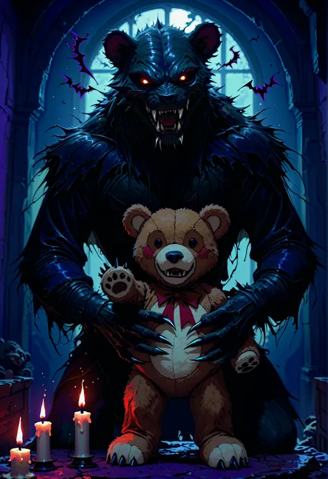 a scary monster, menacing expression, sharp fangs, clawed hands, takes away a 's teddy bear, dark decrepit room, flickering candles, cobwebs, ominous atmosphere, 4k, ultra-detailed, photorealistic, dark fantasy,dramatic lighting,moody colors,gothic,horror,...