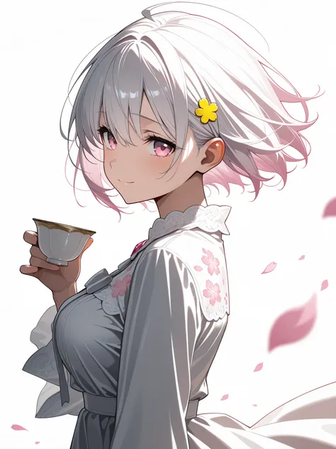 (masterpiece),(absurdres),(ultra detailed),((solo girl),(24-year-old),(white hair),(shortcut hair:1.1),(pink eyes),(middle breast:0.9),(()),(yellow hairpin:0.9,flower design),(()),(white dress:1.1),sad smile,drinking tea-cup,upperbody shot,simple white bac...