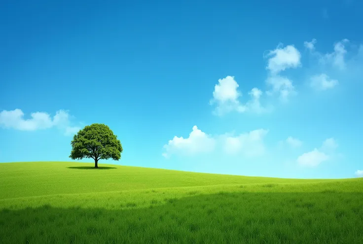 , Spacious landscape ,Clear, blue, clear sky ,Wide sky ,large grass.green grass .an old, big tree that looks small in the distance.the tree looks small because it's far away.A tree in the middle of a field, Wide Angle Scenery Shot , A green, lush tree stan...