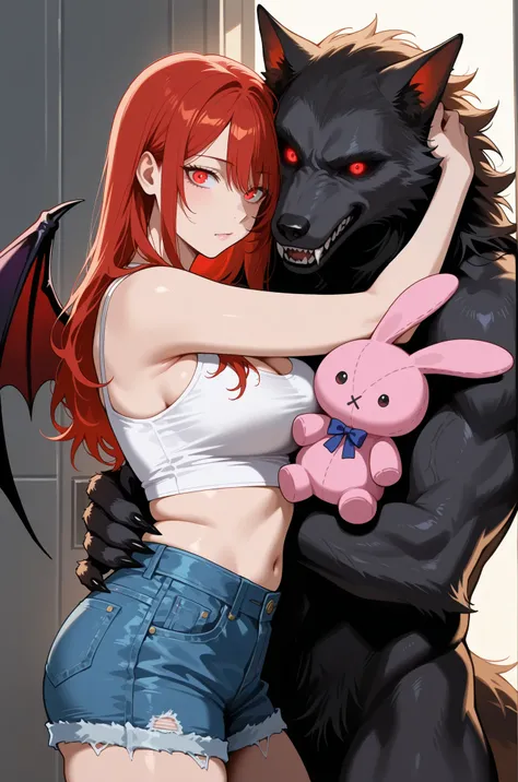 The image depicts a woman with long red hair wearing a casual white crop top and blue denim shorts, embracing a large, ominous figure resembling a werewolf with bat wings and glowing red eyes. The werewolf holds a pink stuffed rabbit in one hand, creating ...