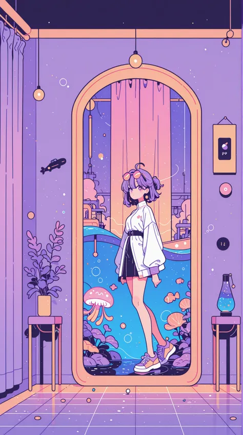 Undersea scene unified with the blue tones of Hirofu Nagai、Reproduce the sophisticated urban atmosphere of 80s Tokyo underwater、Clear and vivid color expression、SeaArt's blue swirling logo floats like light reflecting off the surface of the sea at dusk、Sub...