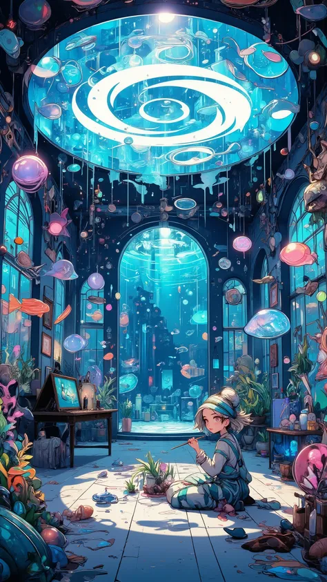 Super high quality and fantastic underwater scene、Luxurious art gallery set up on the seabed、exhibited as a 3D sculpture with SeaArt's blue swirl logo floating in the center、like an exhibition stand made of underwater light々Marine art works are lined up、tr...