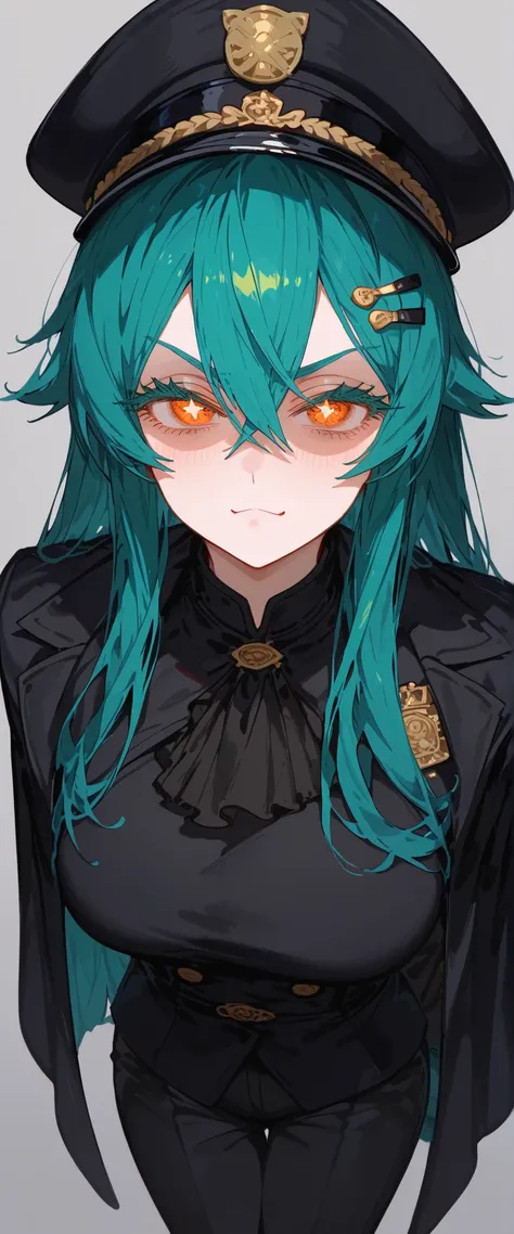 girl,Dark blue hair , dark green hair ,two tone hair,In the orange eyes,long hair,Tomboy,long hair,Long Eyelashes,thin,Hairpins,Beautiful eyelashes,starry eyes,gray background,Shy,Body Shaped Top,Fierce face,,thinเพรียว,Milf,long hair,Narrow eyes,long gree...
