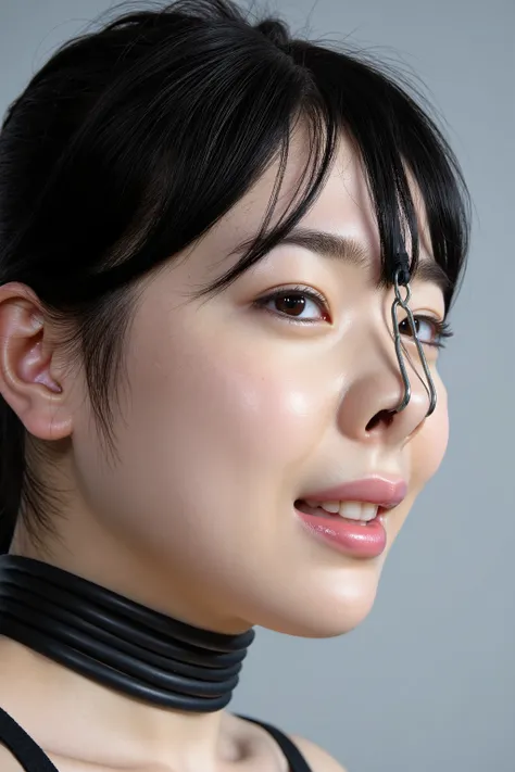 A high resolution photograph of a Japanese young woman, masterpiece, photo-realistic, natural lighting, film grain, portrait, fashion shoot, solo, 1girl, clothed, black hair, detailed face, detailed eyes, sophisticated nose, pale skin, fine-textured skin, ...