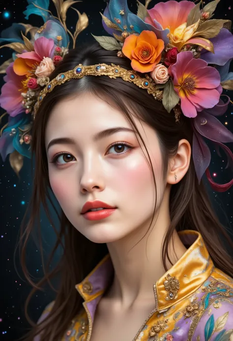 filled with gold, orange, pink, purple, blue, and teal colors. Abstract flowers and stars are prominent, interwoven with golden and iridescent ribbons, and sparkling particles scattered throughout. A golden headband or tiara encircles her forehead. Her eye...