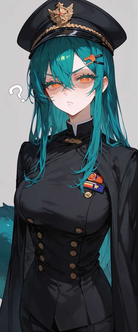 girl,Dark blue hair , dark green hair ,two tone hair,In the orange eyes,long hair,Tomboy,long hair,Long Eyelashes,thin,Hairpins,Beautiful eyelashes,starry eyes,gray background,Shy,Body Shaped Top,Fierce face,,thinเพรียว,Milf,long hair,Narrow eyes,long gree...