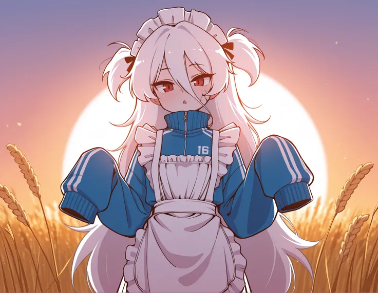 by wholesomeorenji, 1girl, solo, white hair, very long hair, two side ups, big hair, long bangs, hair between eyes, red eyes, tsurime, cracked skin, jersey maid, blue track jacket, white apron, frilled apron, maid headdress, sleeves past fingers, w arms, l...