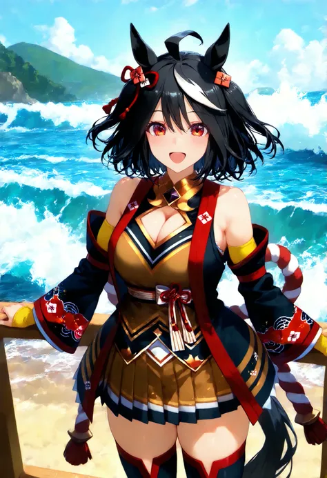 Kitasan Black Uma Musume, score_9, score_8_up, score_7_up, sauce_anime, solo, 1 girl, , happy, watch viewers, standing, waves, stupid hair, hair ornament, animal ears, cleavage cutouts, Shimenawa , Red and white rope, separated sleeve, yellow skirt, pleate...