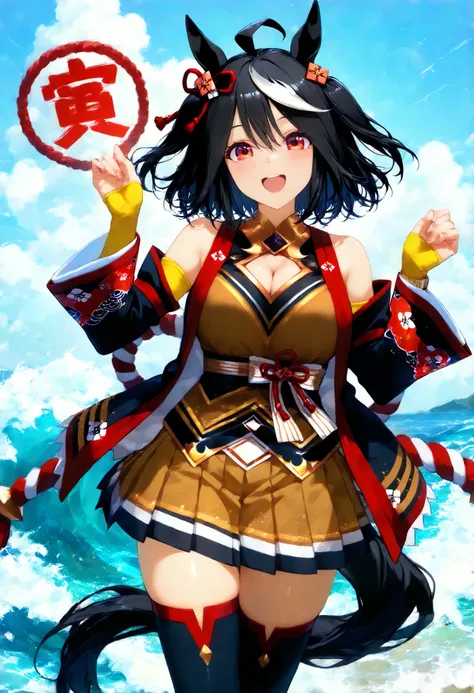 Kitasan Black Uma Musume, score_9, score_8_up, score_7_up, sauce_anime, solo, 1 girl, , happy, watch viewers, standing, waves, stupid hair, hair ornament, animal ears, cleavage cutouts, Shimenawa , Red and white rope, separated sleeve, yellow skirt, pleate...