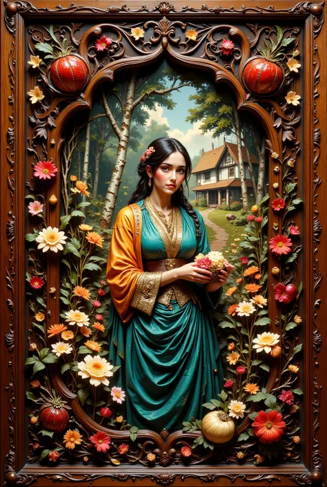A meticulously carved wooden panel, showcasing intricate, swirling patterns in rich, dark brown hues, exhibiting a high-gloss finish. The central focus is a detailed bas-relief carving of a young woman of Slavic ethnicity, approximately 24 years old, her...