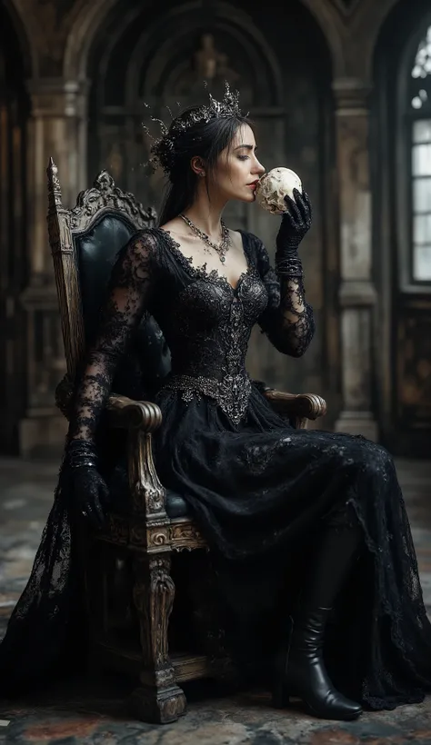 Gothic, 1girl, solo, beautiful, midnight, Dark Queen, ebony long hair, long eyelashes, full eyes, [Narrow face , Mole under the eye, Wet lips, Slim Body , Sexy One Shoulder Medieval European Black Lace Skirt, crown,Metal Necklace, Long Sleeve Lace Gloves...