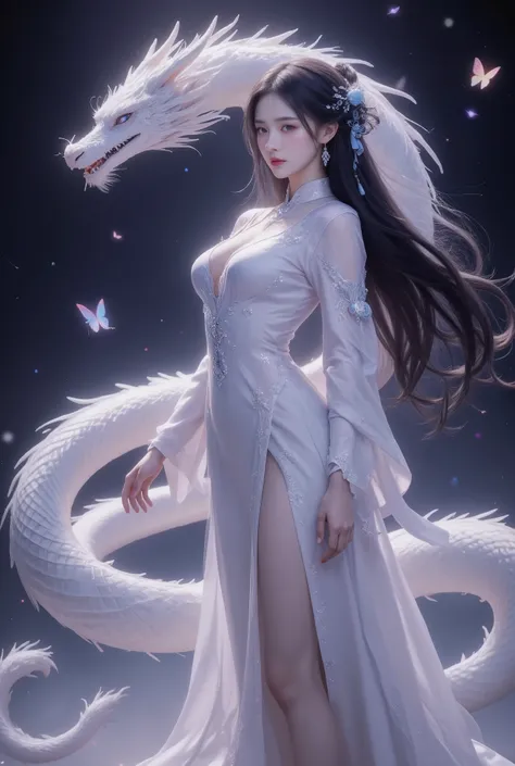 This is a highly detailed digital artwork in the anime style, depicting a serene and mystical scene. The central figure is a woman with long, flowing black hair adorned with delicate white ribbons. She wears an elegant, white, traditional Chinese dress wit...