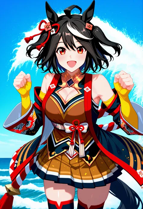 Kitasan Black Uma Musume, score_9, score_8_up, score_7_up, sauce_anime, solo, 1 girl, , happy, watch viewers, standing, waves, stupid hair, hair ornament, animal ears, cleavage cutouts, Shimenawa , Red and white rope, separated sleeve, yellow skirt, pleate...