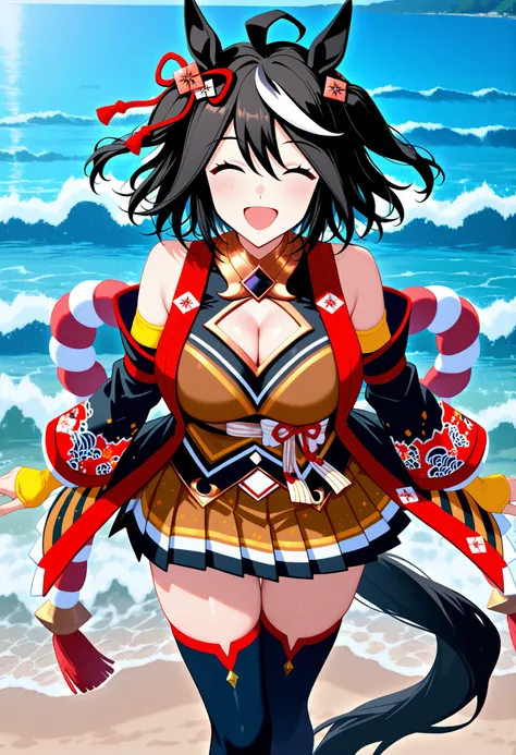 Kitasan Black Uma Musume, score_9, score_8_up, score_7_up, sauce_anime, solo, 1 girl, , happy, watch viewers, standing, waves, stupid hair, hair ornament, animal ears, cleavage cutouts, Shimenawa , Red and white rope, separated sleeve, yellow skirt, pleate...