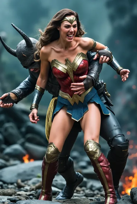 Gal Gadot as Wonder woman, she is bend over, (upskirt), she's crying, she's screaming in pain, a strong devil is doing sexual intercourse from behind, fierce devil push his penis into her skirt and fucking harder and harder, volcano scene,