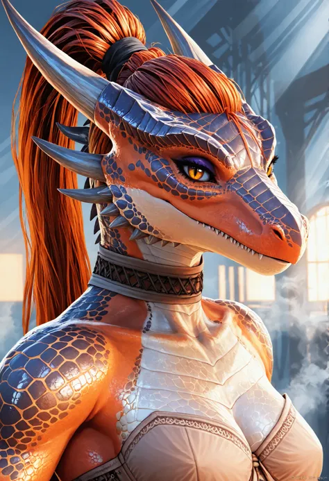 (anthro_dragon,female,high detailed scalie skin, slim body), ultra realistic, full growth, slim body, detailed facial features, makeup, seductive expression, tattoo, body, red ponytail hair, choker, elegant posture, serene expression, piercing eyes, intric...