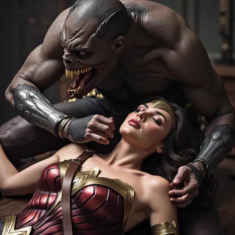 Wonder woman is lying down, bad injury, a monster is bending over her body, he strangle her neck with both hand,