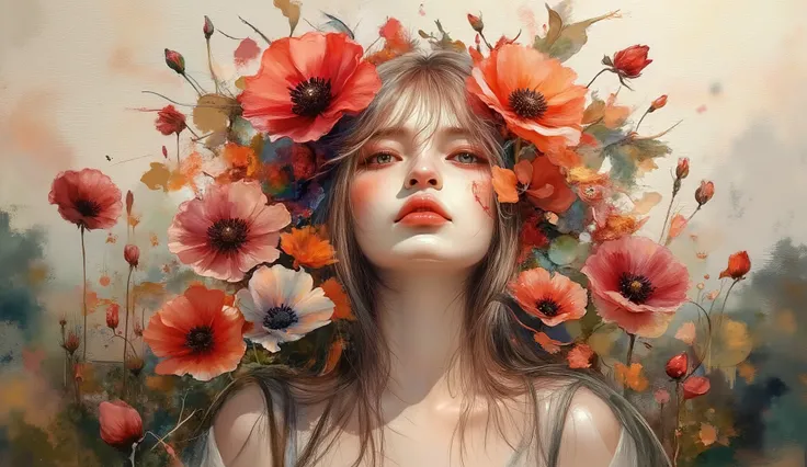 Painting of a girl with a red flower on her head, girl with a flower head, Benjamin Lacombe, dreamy art, shrubs and flowers. Esau Andrews , arte de jinyoung shin, by Marie Angel, The girl made flowers, beeple e jeremiah ketner, por Alice prin, beautiful fa...