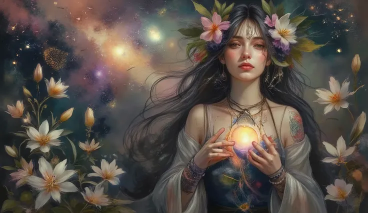 a beautiful tattooed woman as a mystical sorceress. The background is the univers with intricate luminous magical symbols. The figure is posed gracefully with lillies, holding a glowing orb. The art evokes a sense of wonder and enchantment. In the style of...