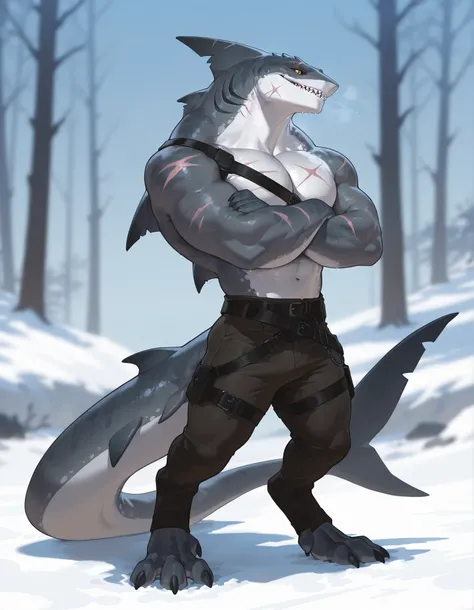 masterpiece, best quality, amazing quality, very aesthetic, absurdres, newest, scenery, extreme detail, 8k, detailed eyes, yellow eyes, by Riolutiny, anthro, shark, male, scalie, anthro shark, anthro megalodon, hunk, gray body, strong hands and fins, black...