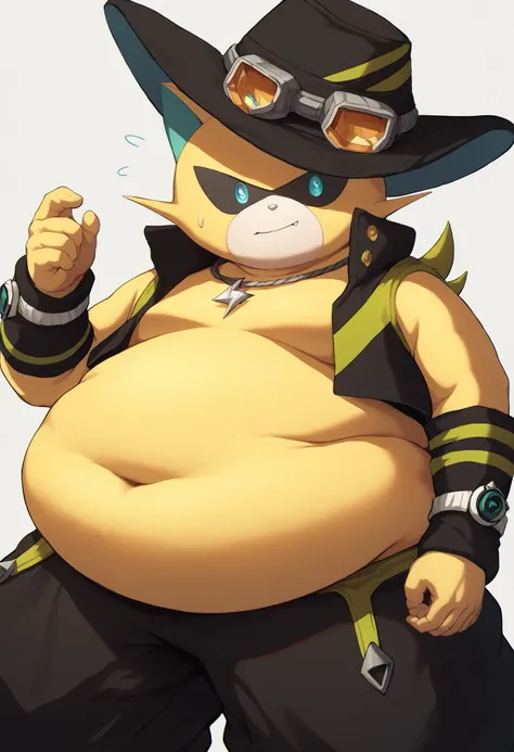 score_core_8_up,score_7_up,Wild Boy, yellow body ,blue eyes,cat,one boy,sauce_anime,cowboy hat,baggy pants,goggles,WRIST SWEATBANDS,Being overweight,obese,big belly,belly with fat,huge stomach