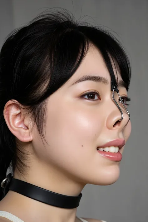 A high resolution photograph of a Japanese young woman, masterpiece, photo-realistic, natural lighting, film grain, portrait, fashion shoot, solo, 1girl, clothed, black hair, detailed face, detailed eyes, sophisticated nose, pale skin, fine-textured skin, ...