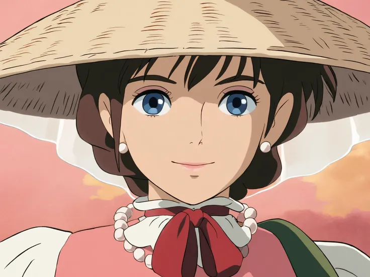 Studio Ghibli, hand drawn anime style,
masterpiece, high score,
girl, PORTRAIT, illustrations, brown hair, blue eyes, pink dress, Red Ribbon, pearl necklace, flower earrings
