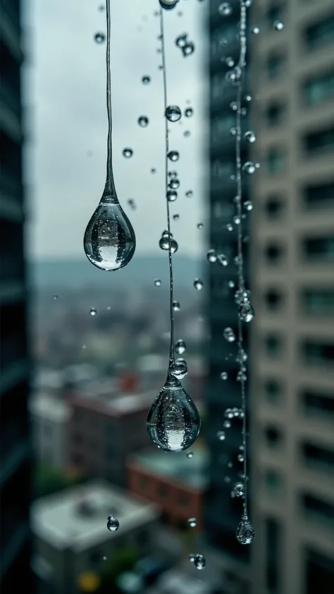 A photograph looking up at the sky. Many raindrops are falling. Focus on the raindrops. Each raindrop has a beautiful reflection of a cityscape. super close up of raindrops. ray tracing, UHD, HDR, 16k, DSLR, cinematic, photorealistic, masterpiece, award-wi...