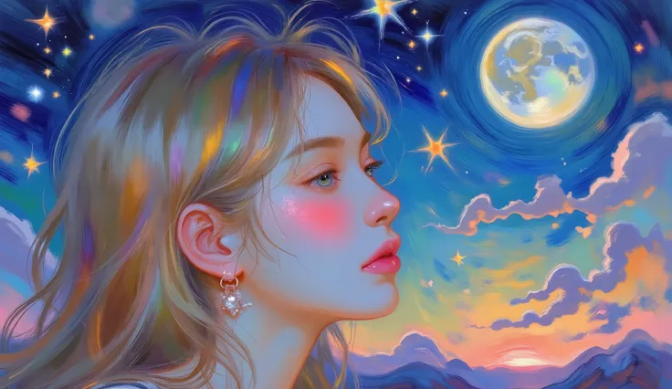 impressionist_ style ,oil ,brushstrokes that capture the essence of Impressionism with its vivacity, brilliant representation of a female face.
This artwork includes、in the foreground a woman, with a delicate face and bright eyes, Looking at the starry sky...