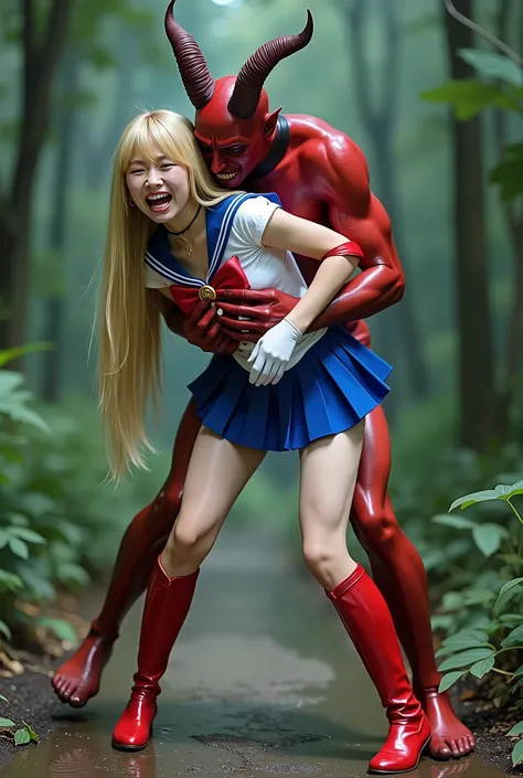 Hyperrealism, masterpiece, highest quality, A young Japanese woman is bending down and hugging from behind by a devil, ((she is crying and screaming in pain)), a bit of blood on her inner thighs, tears from her eyes, painful face, she is wearing a Sailor M...
