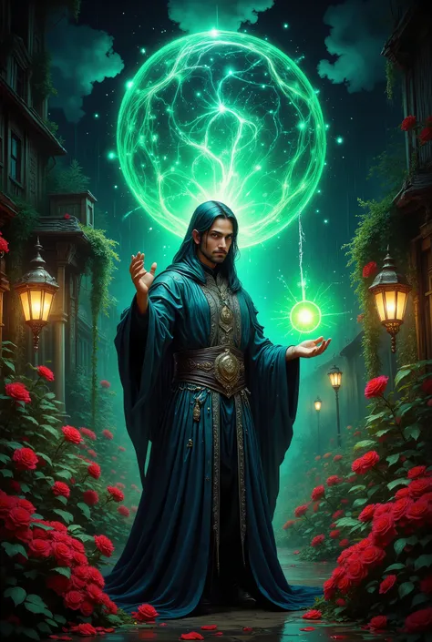A master of magic, a charismatic, with olive skin and dark, expressive eyes, stands amidst a vibrant, enchanted garden. His flowing, midnight-blue robe, adorned with silver embroidery depicting celestial constellations, billows gently in a mystical breeze...