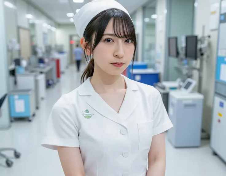 A beautiful Japanese female slim body nurse in white short sleeve nurse uniform and nurse cap. She is standing in front of the nurse station of a modern hospital.
No blurry picture.一人の坊主頭の日本人男性と病院の廊下を並んで歩く