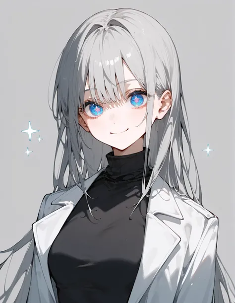 girl,long hair,medium chest, in blue eyes,Starry eyes,Hair tied a knot,, White Coat,black turtleneck,miniskirt,round face,smile,gray background,small,Gray hair,thin,Rainbow eyes, chainsaw ,The chest lacks the middle.,thinเพรียว,
