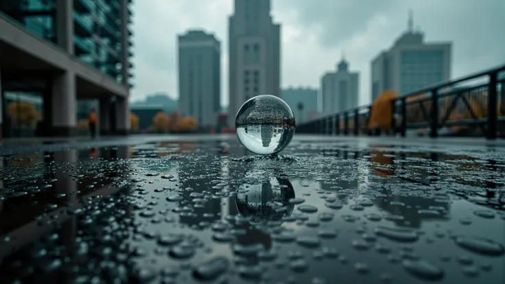 A photograph looking up at the sky. Many raindrops are falling. Focus on the raindrops. Each raindrop has a beautiful reflection of the cityscape. Super close up on the raindrops. outdoors, cityscape, ray tracing, UHD, HDR, 16k, DSLR, cinematic, photoreali...