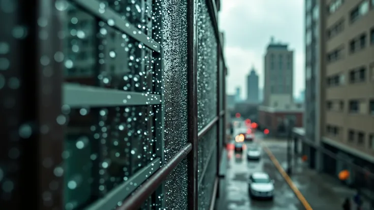 A photograph looking up at the sky. Many raindrops are falling. Focus on the raindrops. Each raindrop has a beautiful reflection of the cityscape. Super close up on the raindrops. outdoors, cityscape, ray tracing, UHD, HDR, 16k, DSLR, cinematic, photoreali...