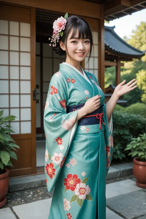 A cheerful young Japanese woman wearing a beautiful traditional green kimono with floral patterns, standing outside in a serene Japanese garden. She has neat bangs and a flower hair accessory, smiling brightly and waving at the camera. The background featu...