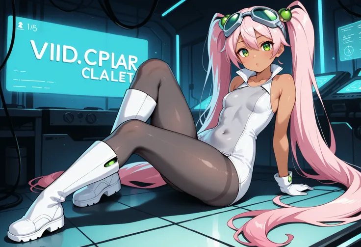 1girl, full body, Lovrina-inspired character, tan skin, vivid pink hair, very long pigtails, green eyes, looking at viewer, wearing a futuristic short dress (grey stomach, sleeveless), black pantyhose, grey thigh-high boots, white gloves, goggles on head, ...