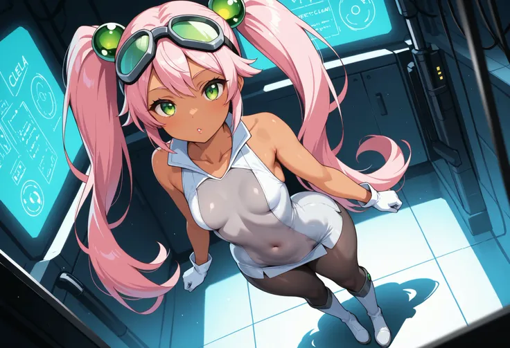 1girl, full body, Lovrina-inspired character, tan skin, vivid pink hair, very long pigtails, green eyes, looking at viewer, wearing a futuristic short dress (grey stomach, sleeveless), black pantyhose, grey thigh-high boots, white gloves, goggles on head, ...