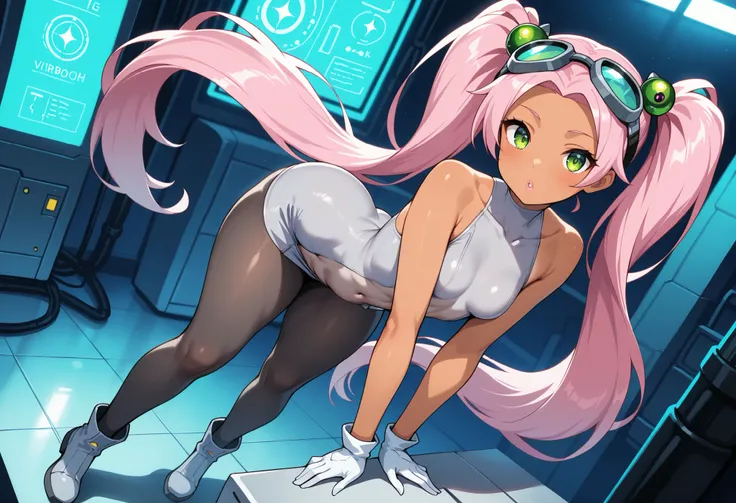 1girl, full body, Lovrina-inspired character, tan skin, vivid pink hair, very long pigtails, green eyes, looking at viewer, wearing a futuristic short dress (grey stomach, sleeveless), black pantyhose, grey thigh-high boots, white gloves, goggles on head, ...