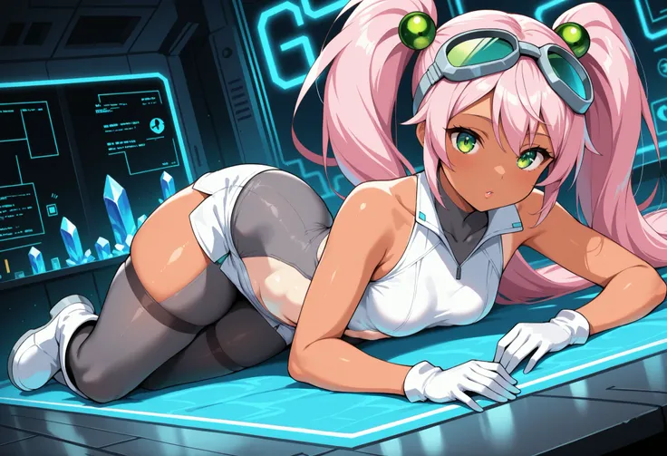 1girl, full body, Lovrina-inspired character, tan skin, vivid pink hair, very long pigtails, green eyes, looking at viewer, wearing a futuristic short dress (grey stomach, sleeveless), black pantyhose, grey thigh-high boots, white gloves, goggles on head, ...