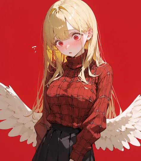 girl,Yellow-haired,in red eyes,in red eyes,with yellow wings on the back,turtleneck sweater,red plaid shirt, Long Black Skirt ,shirt with a black skirt,School skirt,shy,Shy,surprised,long hair,medium chest,red background,milf,slim,